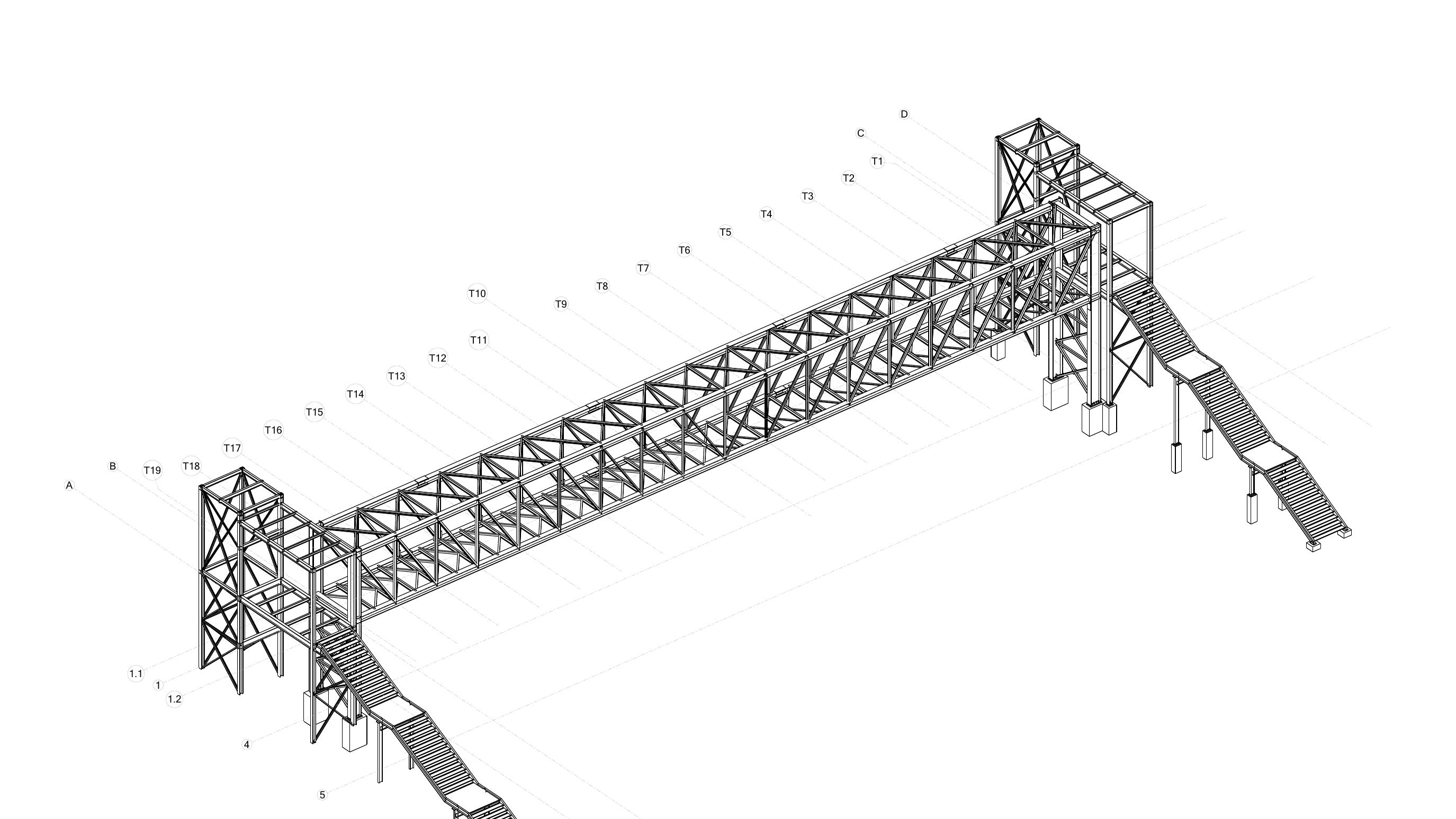 Isometric structural steel model of Pedestrian Bridge P007 with truss span and access stairs